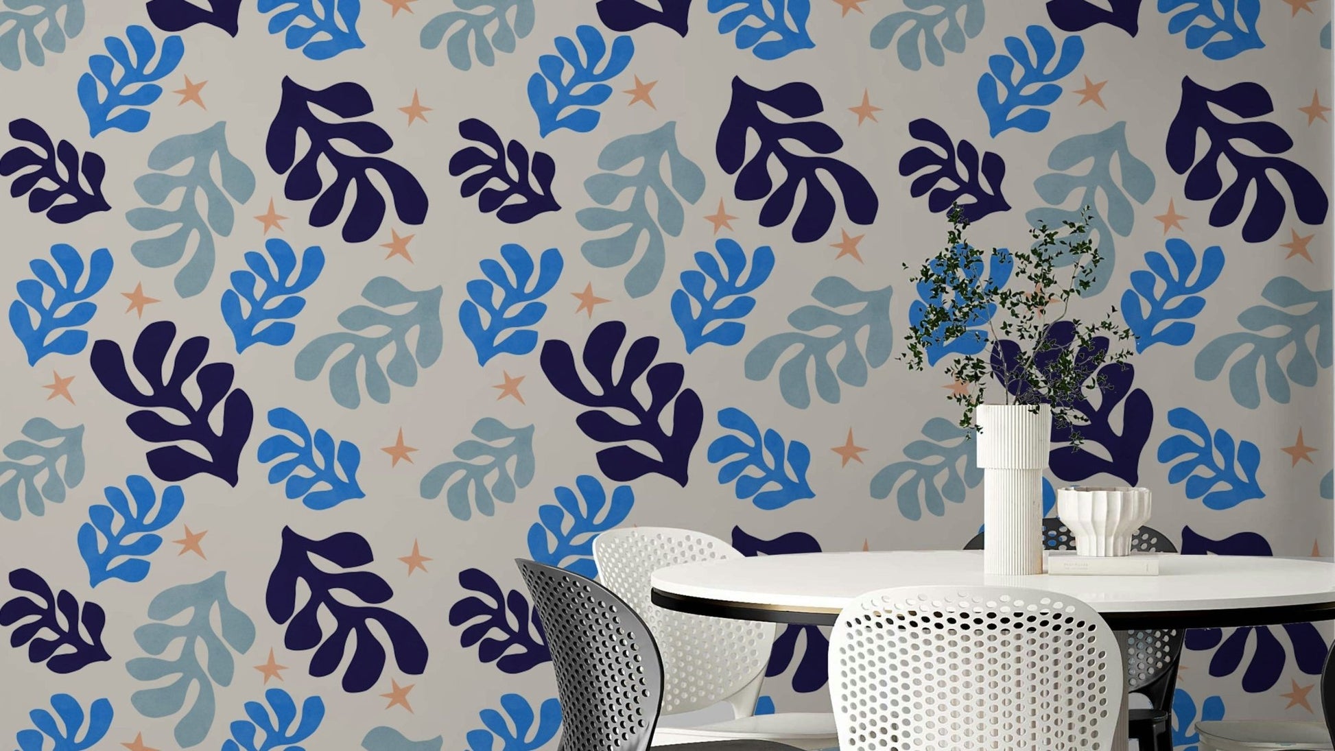 A wallpaper with a botanical pattern.

