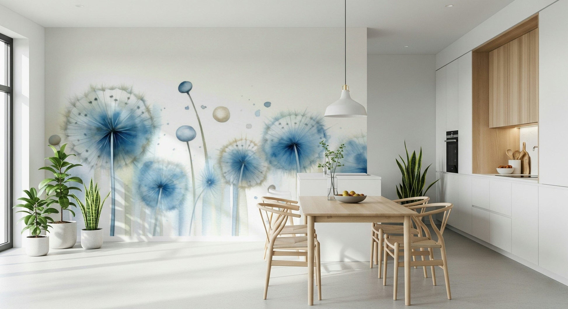 Blue Serenity Dandelion Wallpaper Mural – Soft-focus floral design evoking calm, dreams, and peaceful movement.