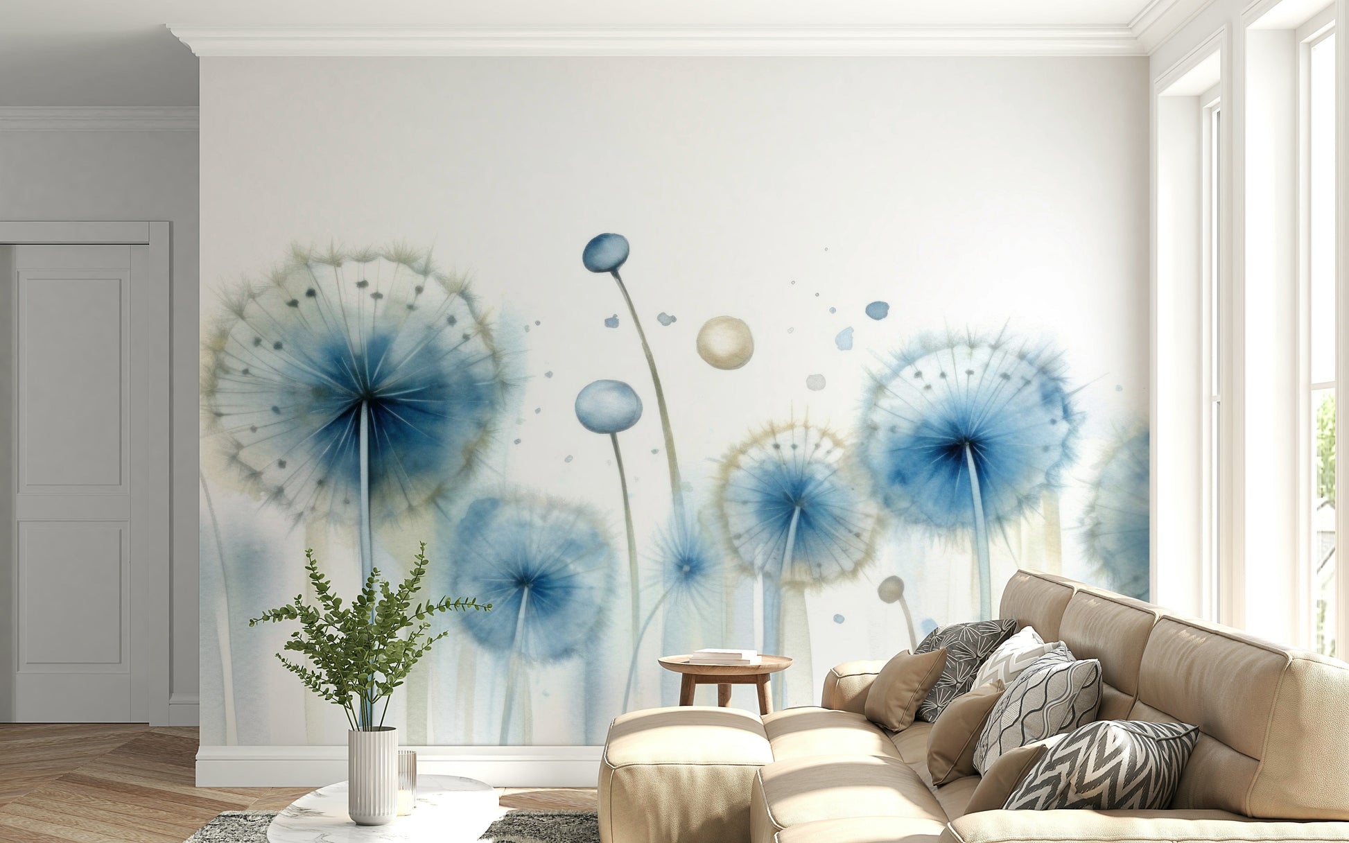 Azure Dreams Dandelion Wallpaper – Gentle nature-inspired mural with dandelion silhouettes and tranquil sky tones.