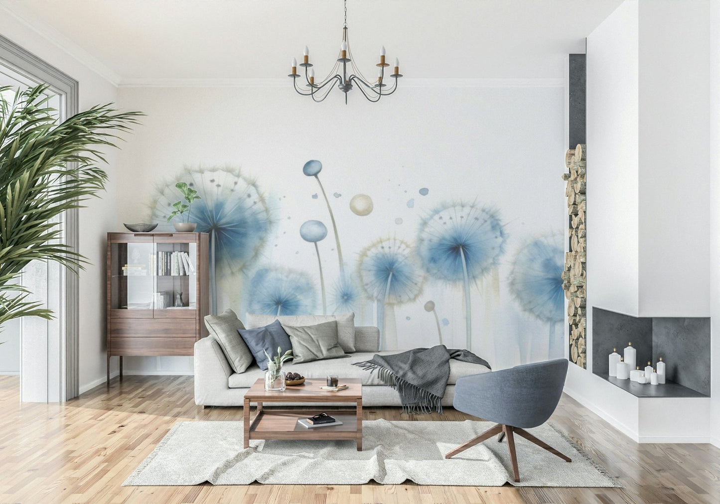 Dreamy Dandelion Seeds Wall Mural – Peaceful wall art with floating white dandelions over a misty blue backdrop.