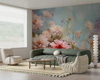 A calming floral design wallpaper mural that defines a space.

