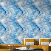 Modern feature wall with fluid blue and gold design

