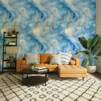 Abstract mural-style wallpaper in royal blue palette

