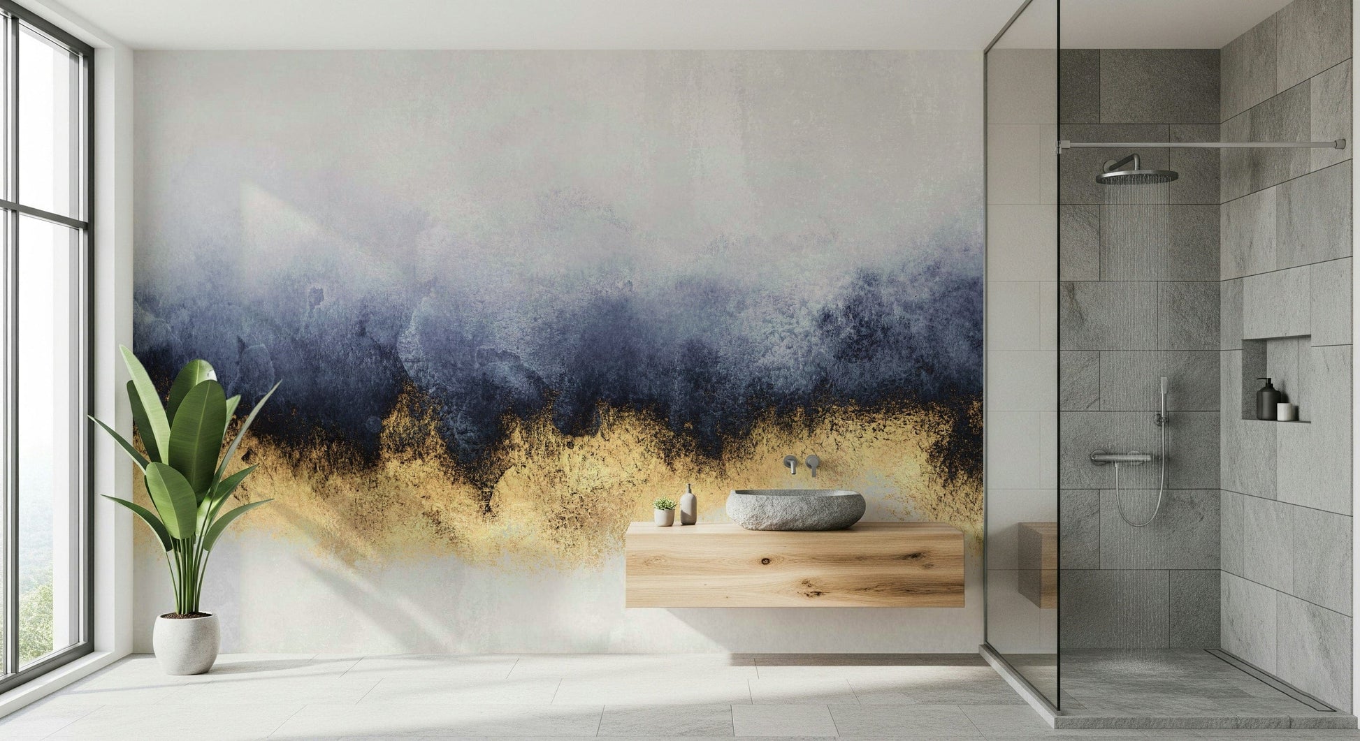 A peaceful modern abstract mural on decorative wallpaper.