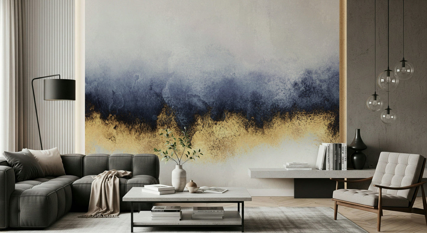 A beautiful abstract gold and azure wallpaper mural for a modern home.