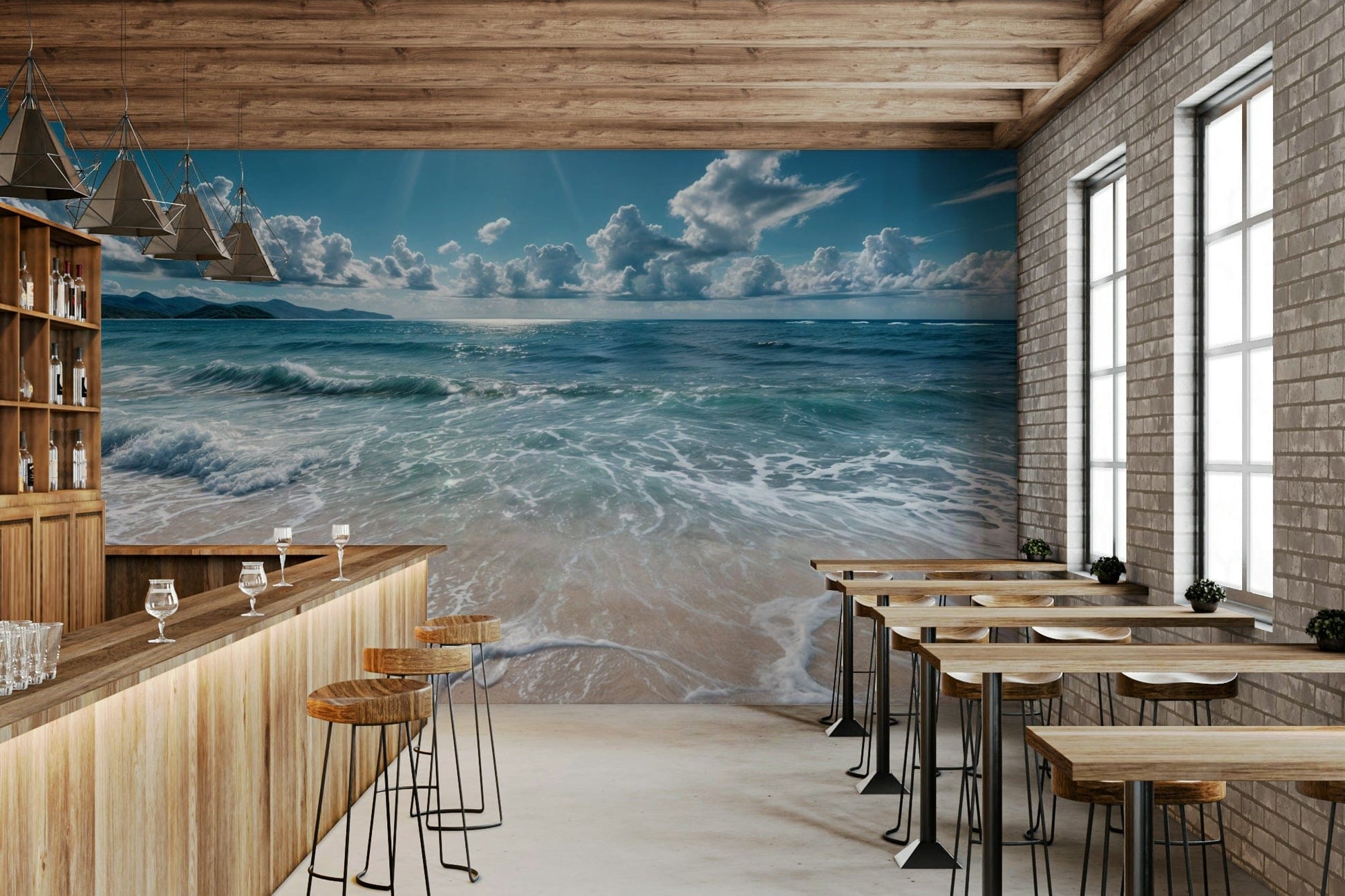 Azure horizon mural behind desk, calm backdrop for work zone