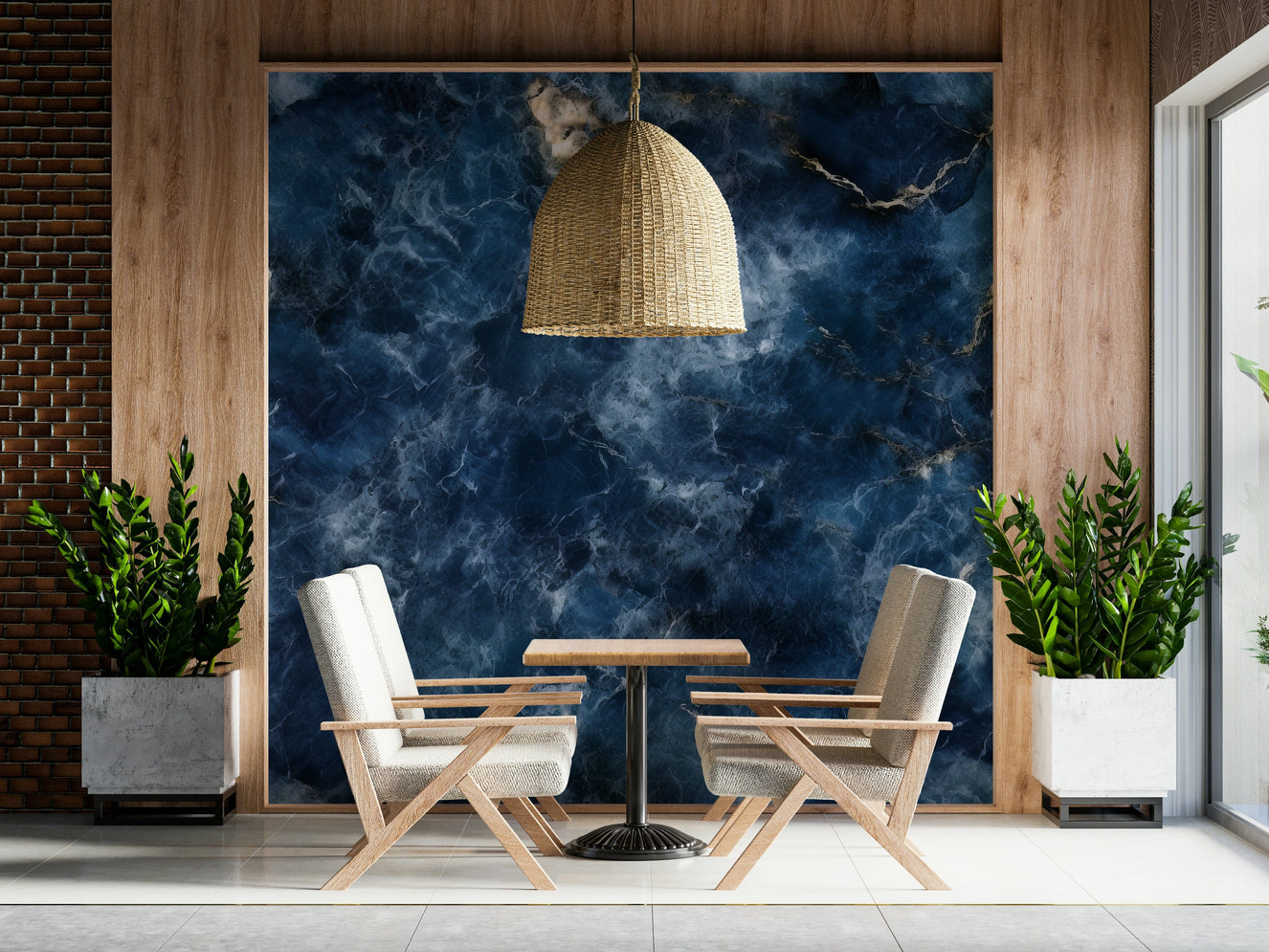 Decorative mural featuring deep azure textures with natural wave-like flow.