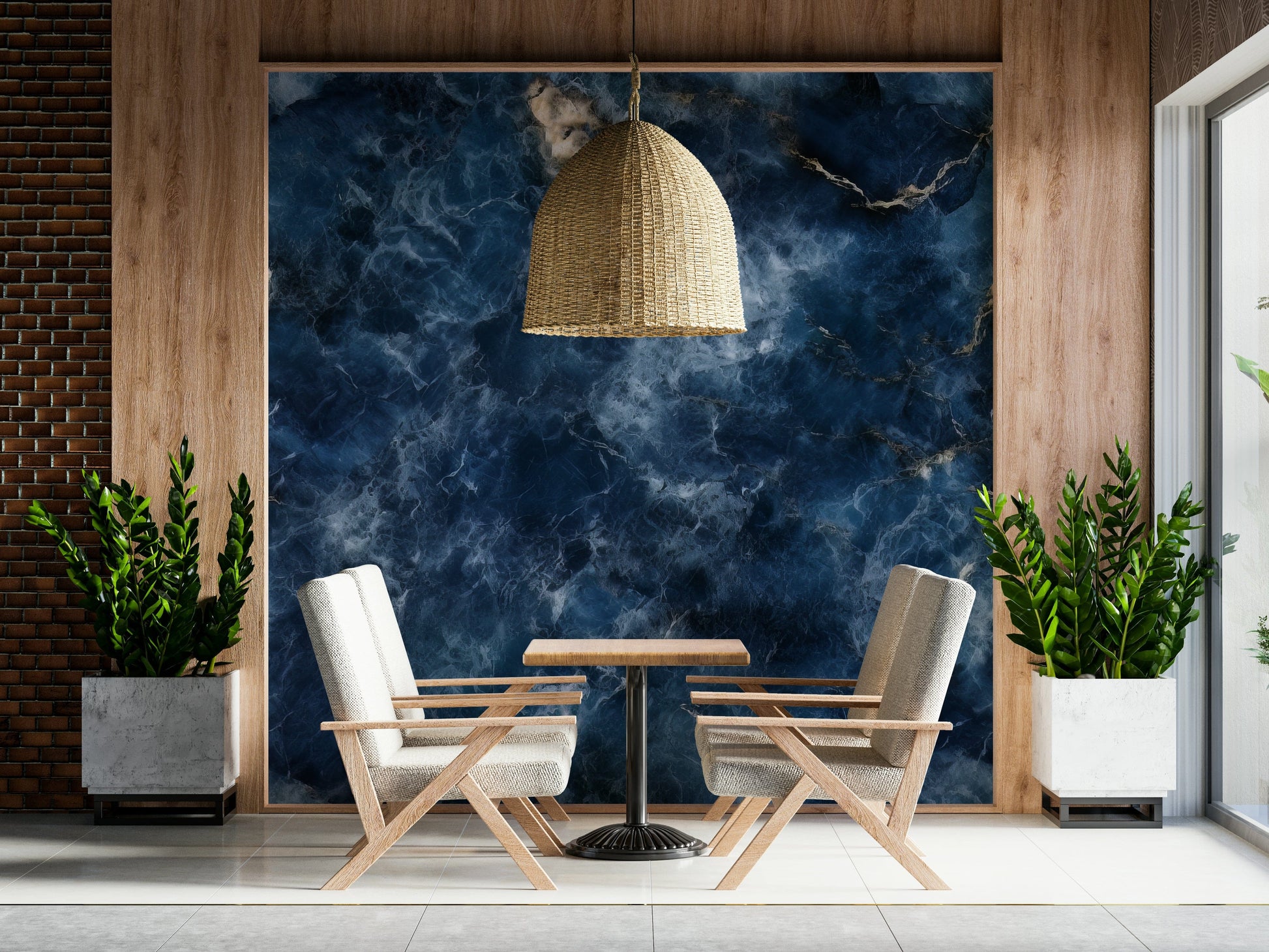 Decorative mural featuring deep azure textures with natural wave-like flow.