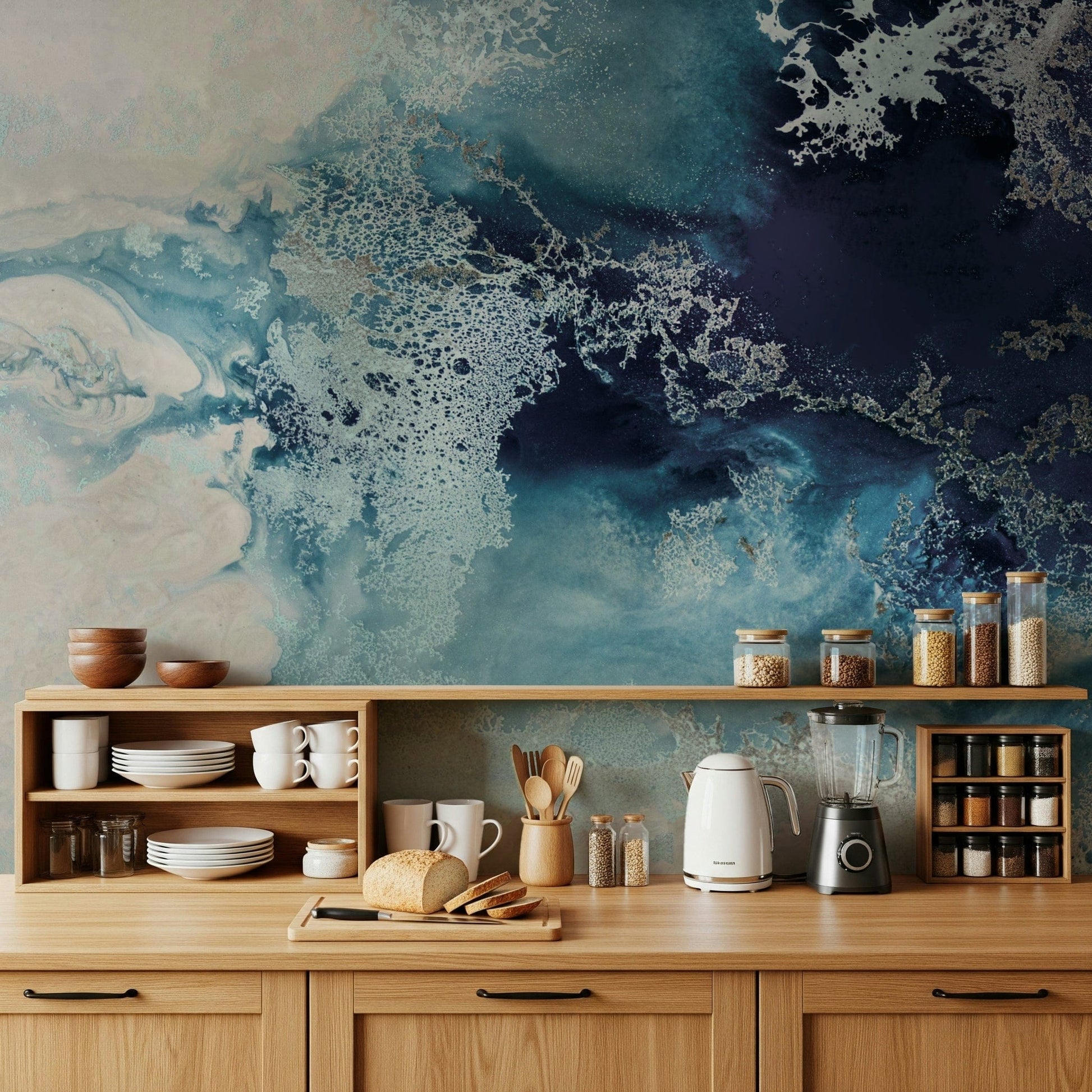 An artistic fluid pattern mural on minimalist wallpaper.