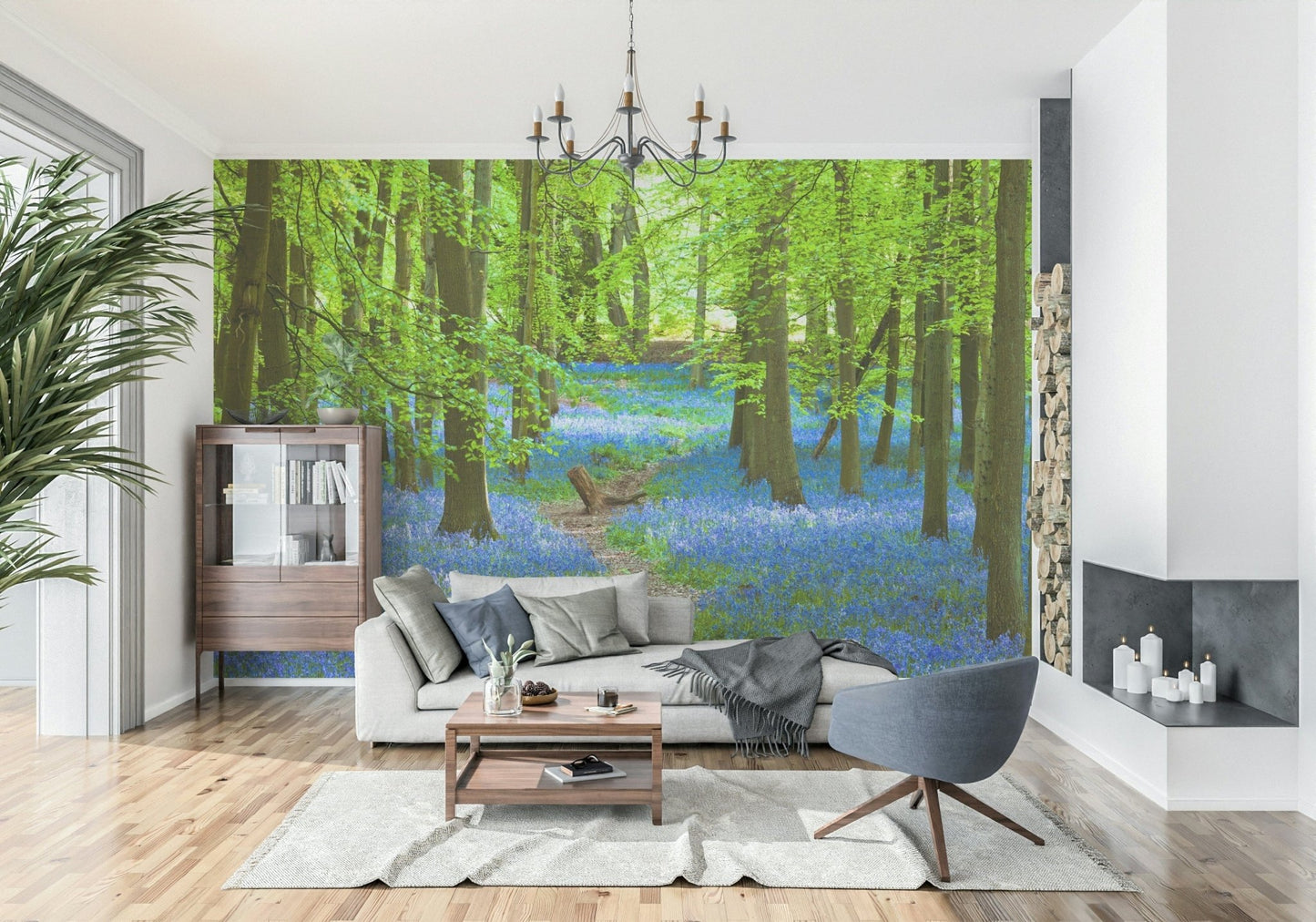 Accent wall mural with azure path landscape, modern apartment decor in blue tones