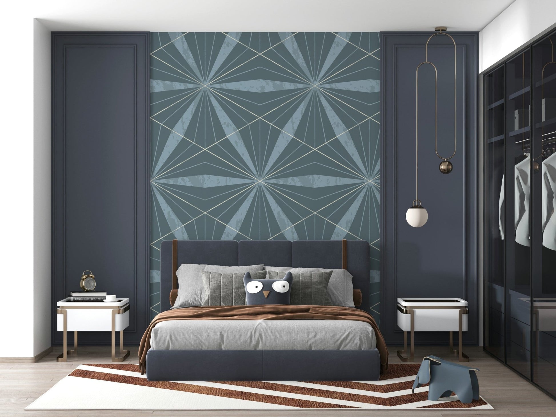 Stunning Art Deco Radiance mural in a deep, rich blue tone.