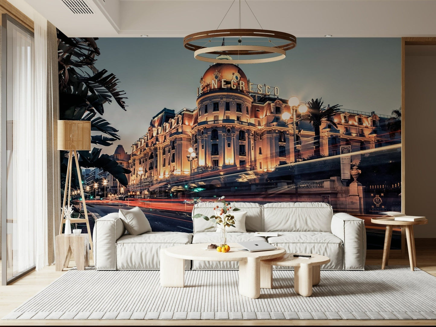 Ocean night wall mural in hallway, modern wall decor in blue colors