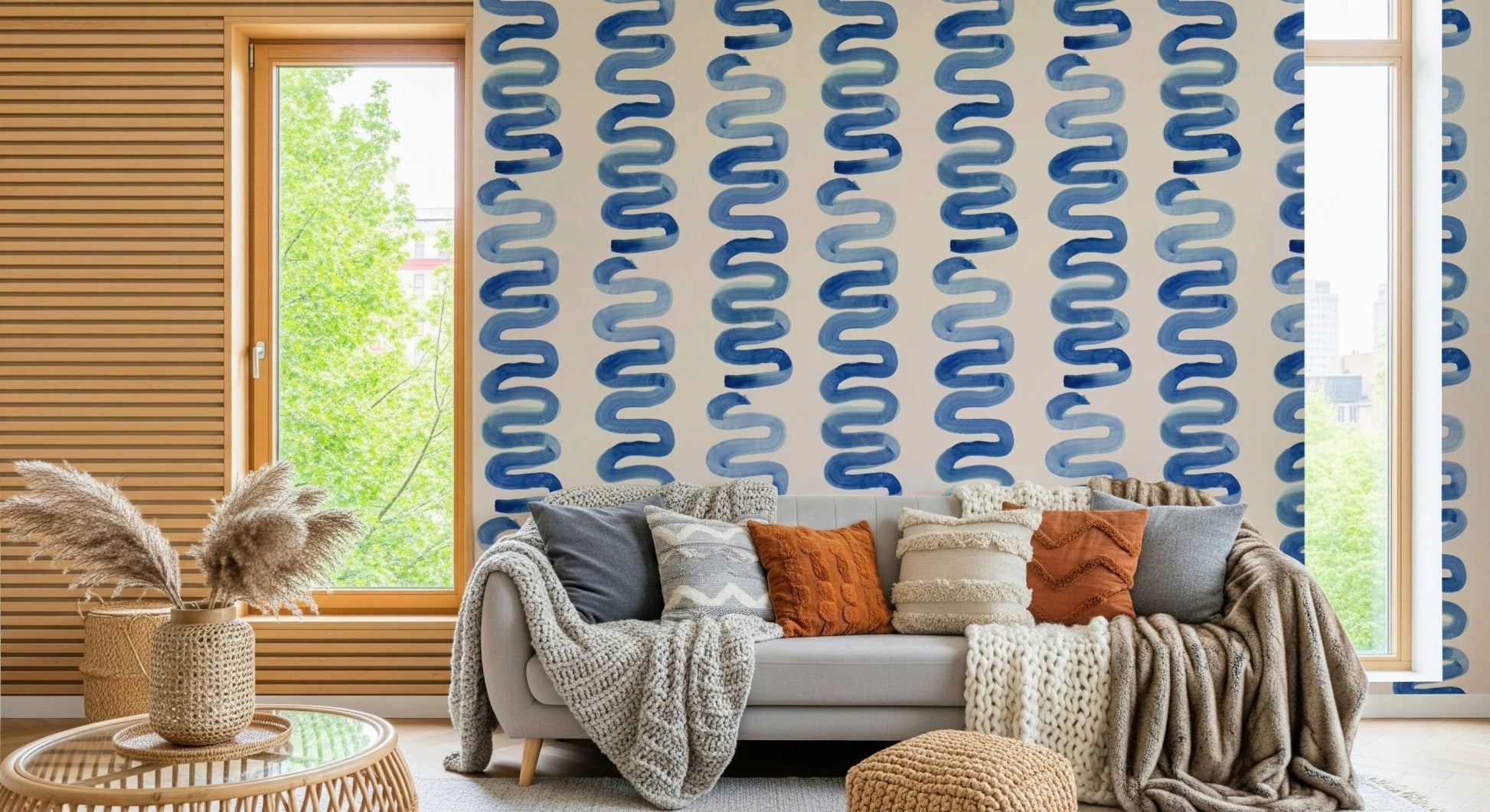 Modern abstract swirl mural in rich azure blue tones.