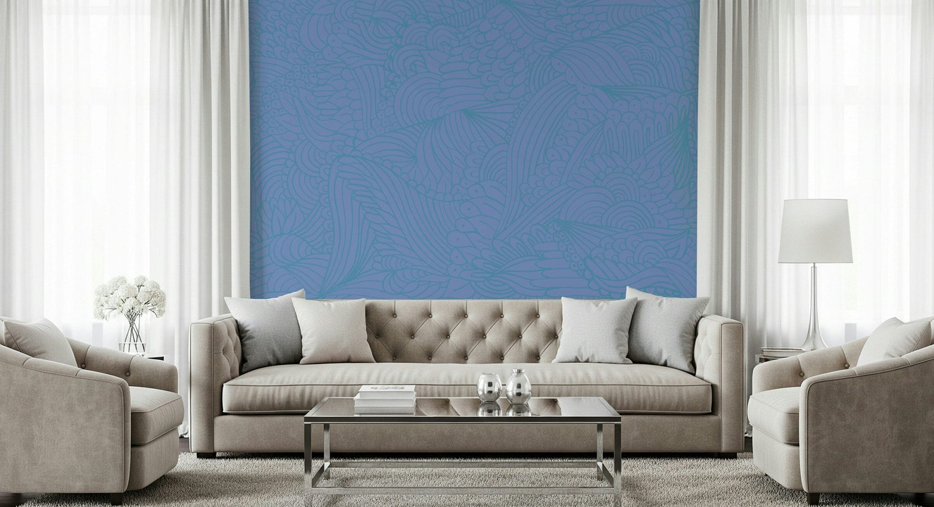 Single color elaborate drawing. Azure Zen Doodle wallpaper for rooms.
