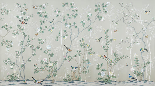 Gray & Green Leaves Chinoiserie Wallpaper