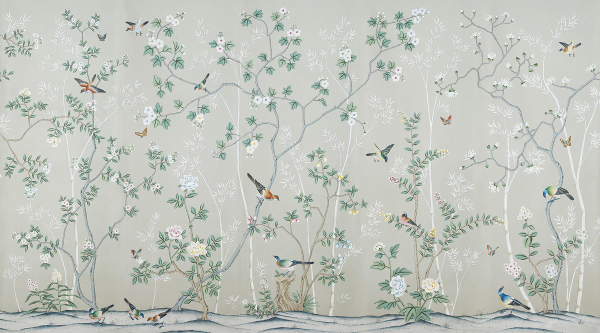 Gray & Green Leaves Chinoiserie Wallpaper in your room