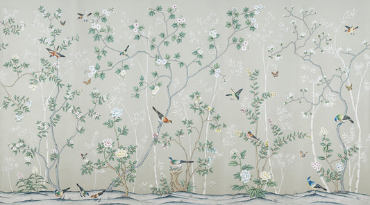 Gray & Green Leaves Chinoiserie Wallpaper