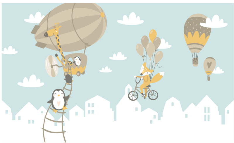 Fox and Penguin Hot Air Balloons Wallpaper Murals in your room — zoomed