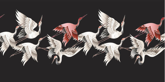 Japanese White Flying Crane Black Wallpaper
