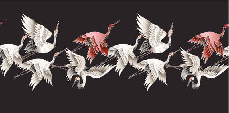 Japanese White Flying Crane Black Wallpaper in your room