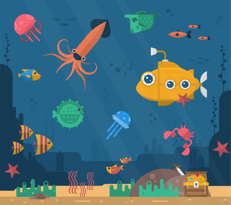 Sea Fishes & Submarine Wallpaper Murals in your room — zoomed