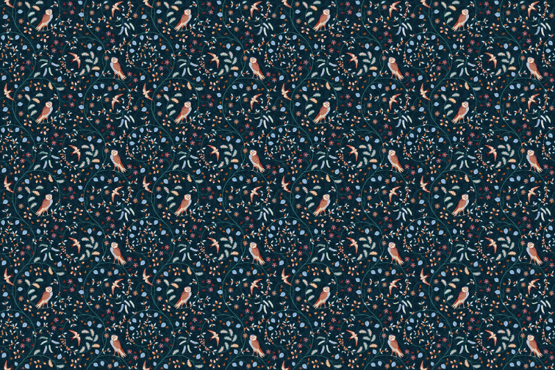 Dark Blue Flower and Birds Wallpaper