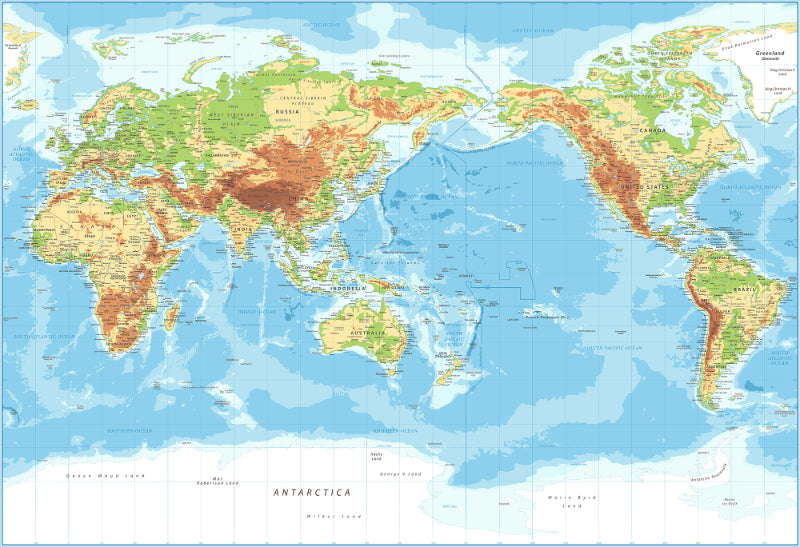 Pacific View Detailed World Map Wallpaper Murals in your room
