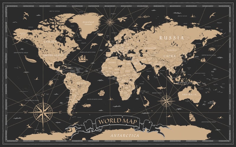 Vintage Black Golden World Map Wallpaper Murals