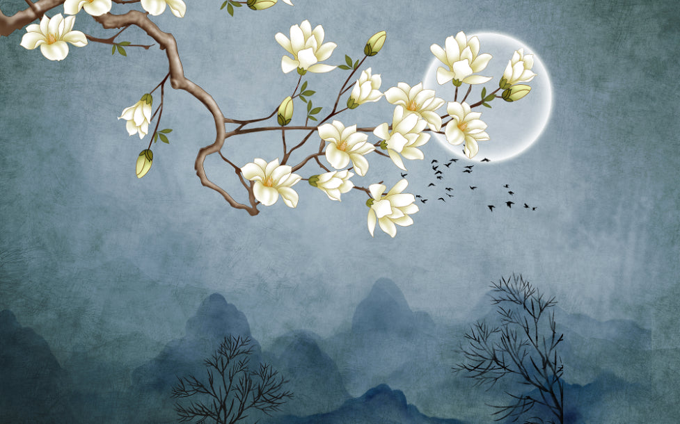 Blue Moon & White Flower Wallpaper Murals in your room — zoomed