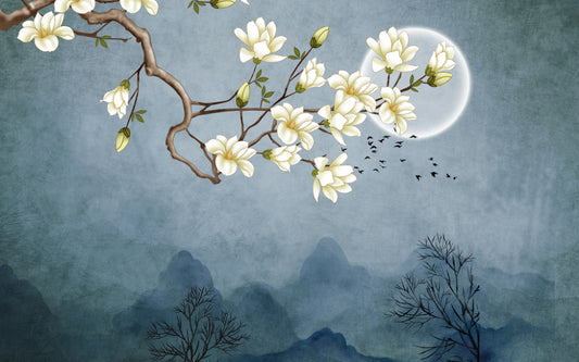 Blue Moon & White Flower Wallpaper Murals
