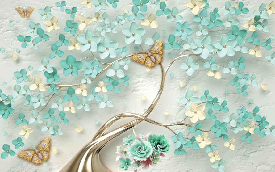 Green Flowers Golden Butterfly Wallpaper Murals