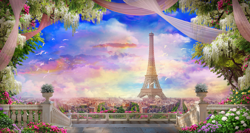 Balcony Eiffel Tower Pink Sunset Wallpaper Mural