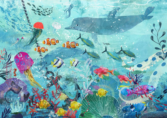 Watercolor Blue Underwater Fish Wallpaper Mural