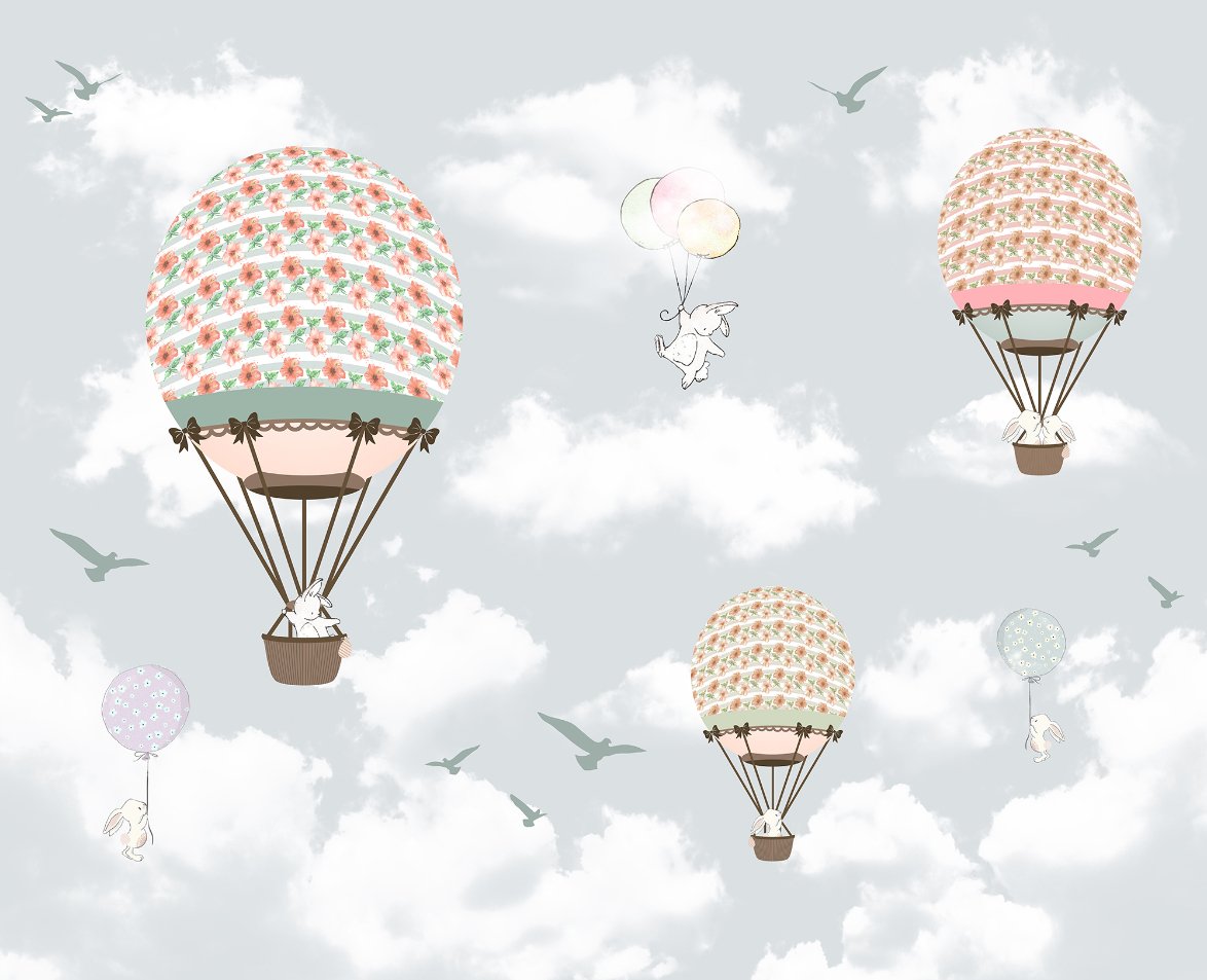 Animals on Balloons in the Sky Wallpaper Mural in your room