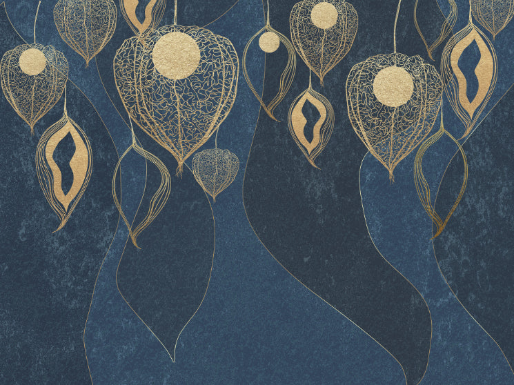 Golden Leaves on Dark Blue Wallpaper Murals