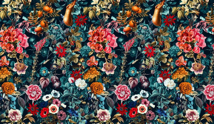 Dark Flower and Leaves Pattern Wallpaper in your room — zoomed