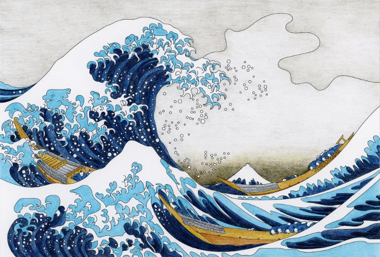 The Great Wave Kanagawa Wallpaper Murals in your room — zoomed