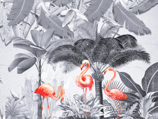 Monochrome Forest Pink Flamingo Wallpaper Murals