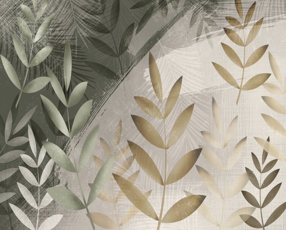 Green and Beige Color Leaves Wallpaper Murals in your room