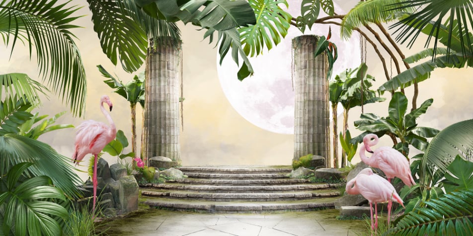Moon Flamingo Banana Leave Wallpaper for Walls in your room — zoomed