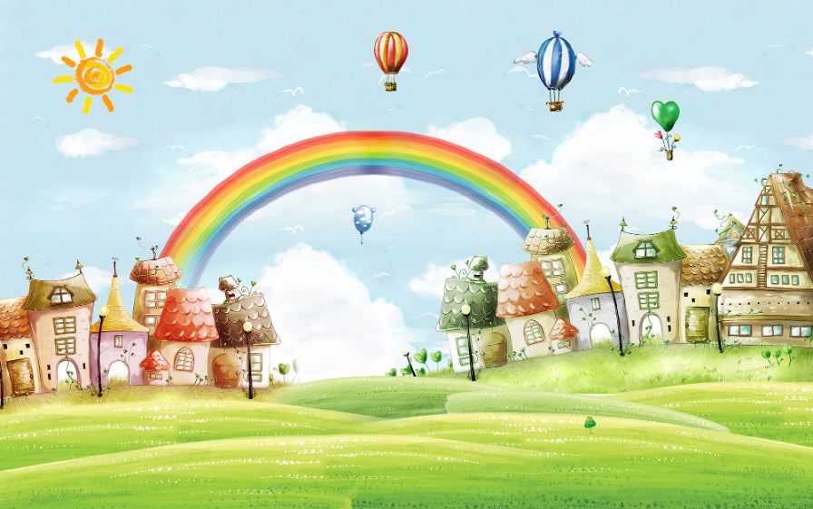 Kids City Landscape Rainbow Balloons Wallpaper Murals in your room — zoomed