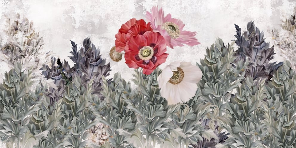 Poppies Flower Painted Grunge Wall Wallpaper in your room — zoomed