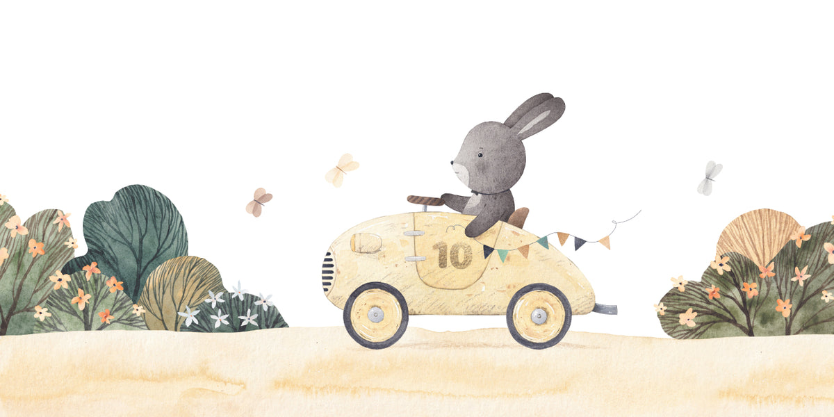 Playful Bunny Car Ride Kids Wall Mural