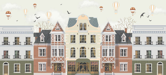 Vintage Townscape Balloons Wall Mural