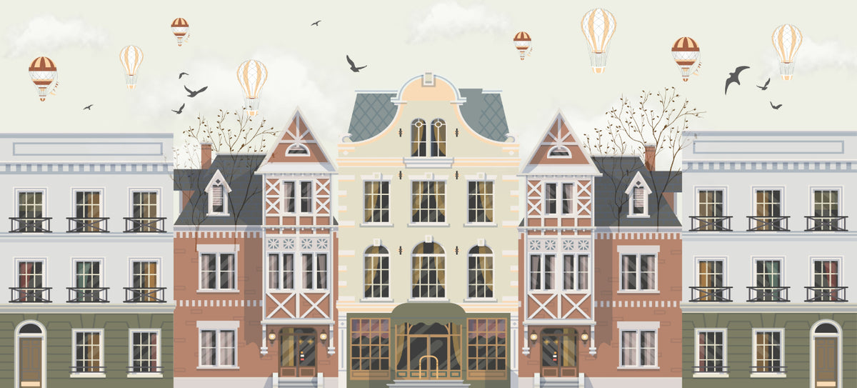 Vintage Townscape Balloons Wall Mural