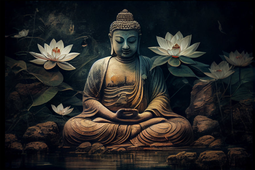 Meditative Buddha and Lotus Flowers Mural in your room