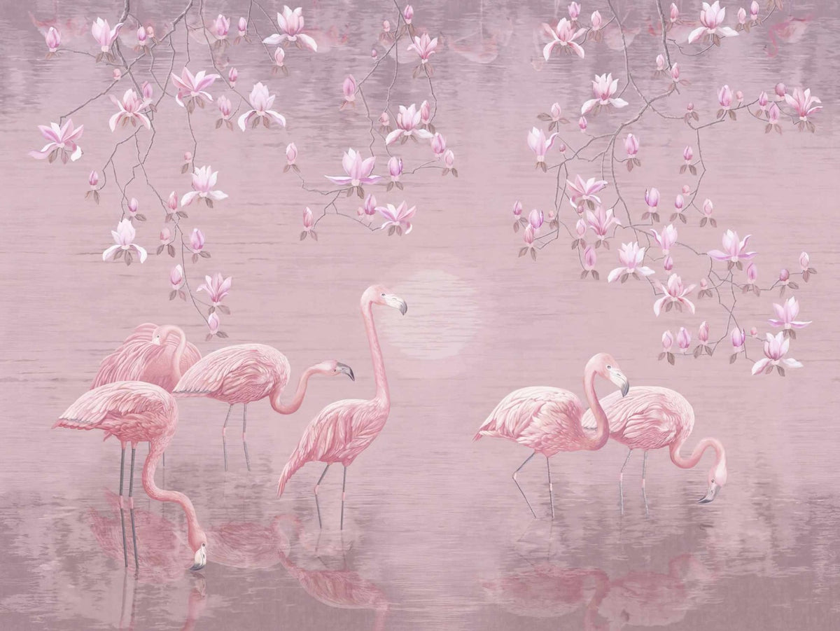 Pink Magnolia Flamingo Haven Mural Wallpaper in your room — zoomed