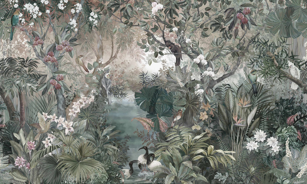 Avian Eden Exotic Cranes and Jungle Birds Mural Wallpaper in your room — zoomed