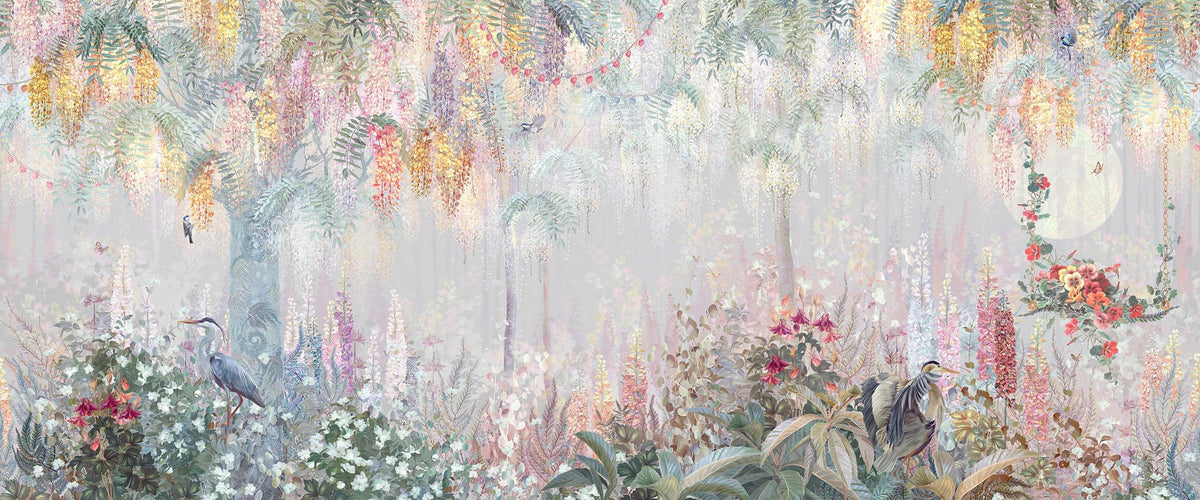 Feathered Euphoria Blushing Jungle Backdrop Mural in your room — zoomed