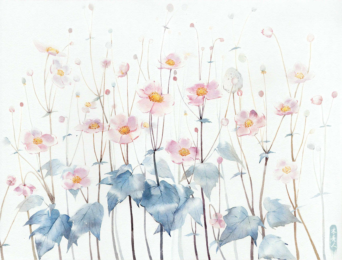 Watercolor blue leaves Pink Petals Wall Mural in your room
